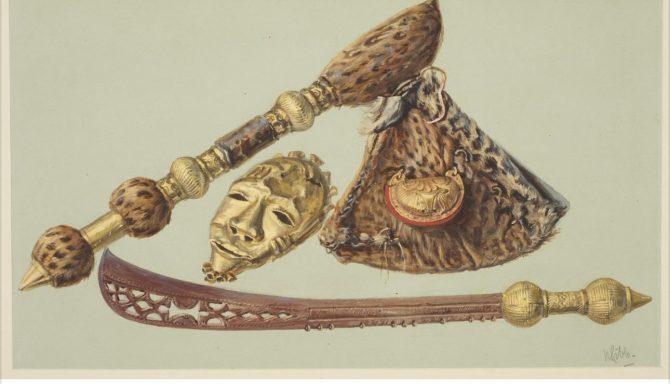 The  Peace  or  war  AXE. The Golden head Miniature  of  Nana Kofi Karikari and one of  the  State  Swords